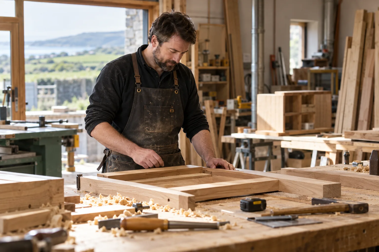 Illustrative scene of a business owner at work in a joinery workshop