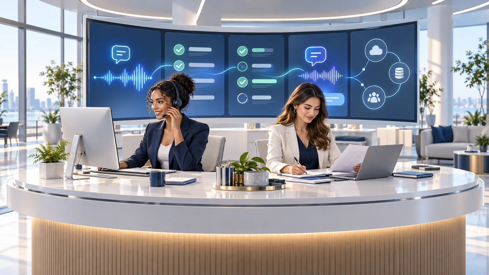 Illustration of specialists working with connected customer, document and workflow systems